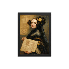 Ada Lovelace with analytical engine diagrams framed print on a plain backdrop in size 12"x16".