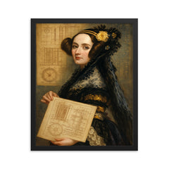 Ada Lovelace with analytical engine diagrams framed print on a plain backdrop in size 16"x20".