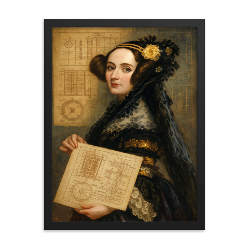 Ada Lovelace with analytical engine diagrams framed print on a plain backdrop in size 18