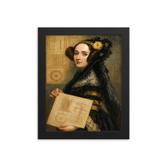 Ada Lovelace with analytical engine diagrams framed print on a plain backdrop in size 8"x10".