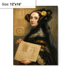 Ada Lovelace with analytical engine diagrams metal print on a plain backdrop in size 12"x16".
