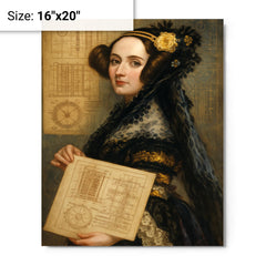Ada Lovelace with analytical engine diagrams metal print on a plain backdrop in size 16"x20".