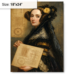 Ada Lovelace with analytical engine diagrams metal print on a plain backdrop in size 18"x24".