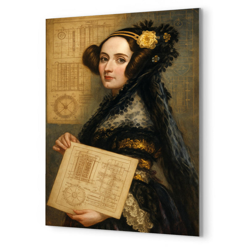Ada Lovelace with analytical engine diagrams metal print mockup