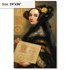 Ada Lovelace with analytical engine diagrams metal print on a plain backdrop in size 24"x36".