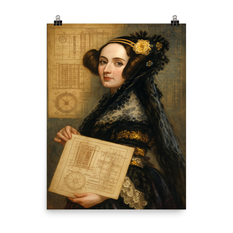 Ada Lovelace with analytical engine diagrams poster on a plain backdrop in size 8