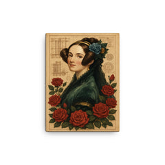 Ada Lovelace with engine diagrams and roses canvas print on a plain backdrop in size 12"x16".