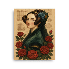 Ada Lovelace with engine diagrams and roses canvas print on a plain backdrop in size 16"x20".