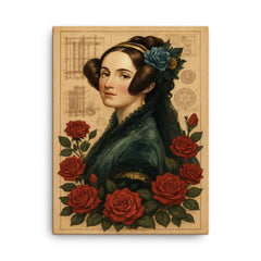 Ada Lovelace with engine diagrams and roses canvas print on a plain backdrop in size 18"x24".