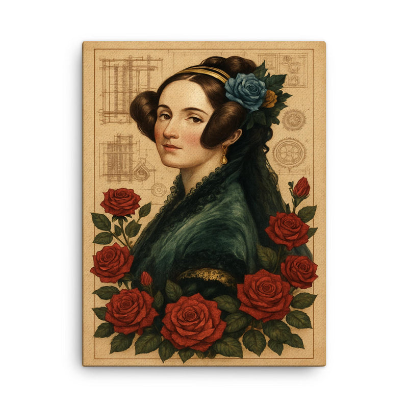 Ada Lovelace with engine diagrams and roses canvas print on a plain backdrop in size 18