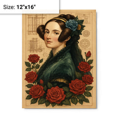 Ada Lovelace with engine diagrams and roses metal print on a plain backdrop in size 12"x16".