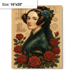 Ada Lovelace with engine diagrams and roses metal print on a plain backdrop in size 16"x20".