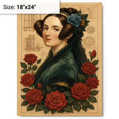 Ada Lovelace with engine diagrams and roses metal print on a plain backdrop in size 18"x24".