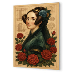 Ada Lovelace with engine diagrams and roses metal print mockup