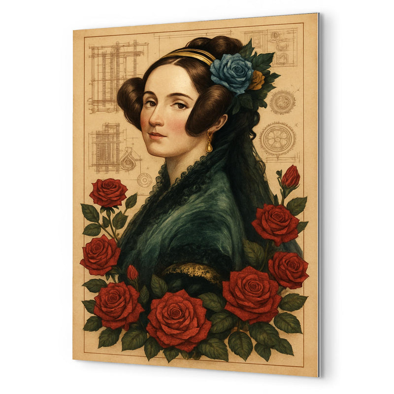 Ada Lovelace with engine diagrams and roses metal print mockup