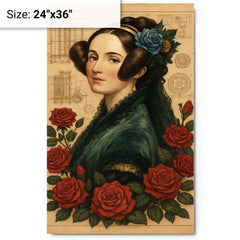 Ada Lovelace with engine diagrams and roses metal print on a plain backdrop in size 24"x36".