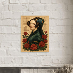 Ada Lovelace with engine diagrams and roses metal print mockup