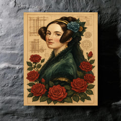 Ada Lovelace with engine diagrams and roses metal print mockup