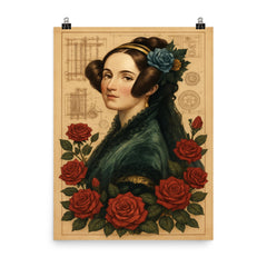 Ada Lovelace with engine diagrams and roses poster on a plain backdrop in size 8"x10".