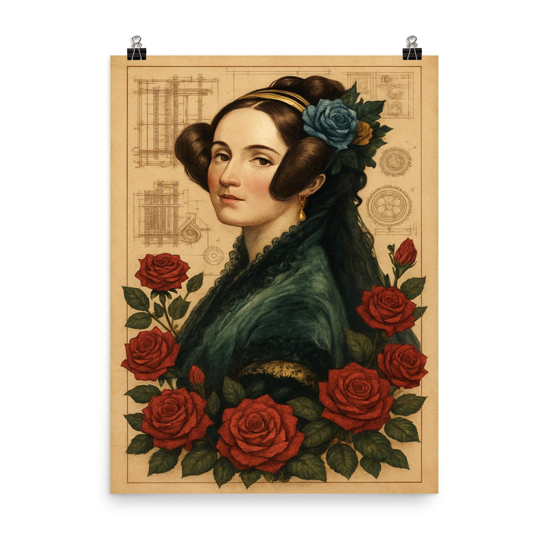 Ada Lovelace with engine diagrams and roses poster on a plain backdrop in size 8