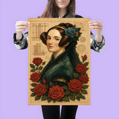 Ada Lovelace with engine diagrams and roses poster 3