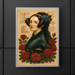 Ada Lovelace with engine diagrams and roses poster 5