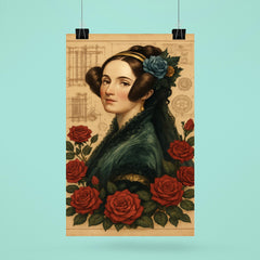 Ada Lovelace with engine diagrams and roses poster 6
