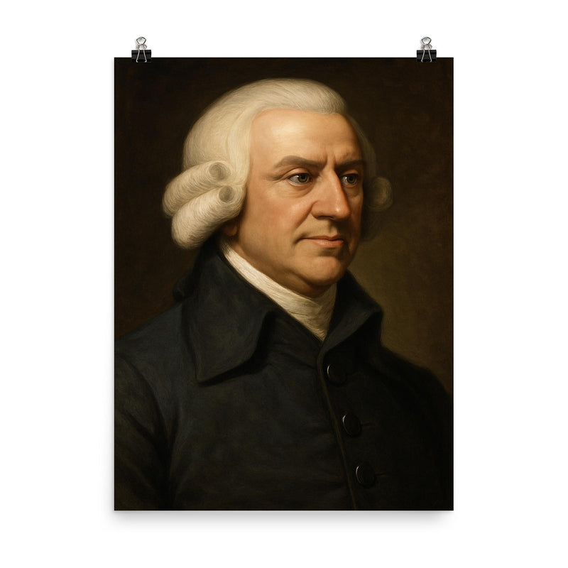 Adam Smith portrait poster on a plain backdrop in size 8