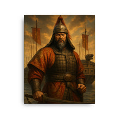 Admiral Yi Sun sin before turtle ships canvas print on a plain backdrop in size 16"x20".