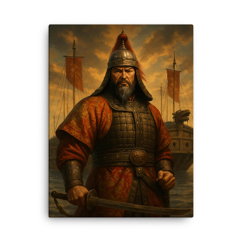 Admiral Yi Sun sin before turtle ships canvas print on a plain backdrop in size 18
