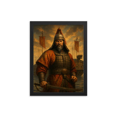 Admiral Yi Sun sin before turtle ships framed print on a plain backdrop in size 12"x16".