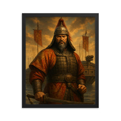 Admiral Yi Sun sin before turtle ships framed print on a plain backdrop in size 16"x20".