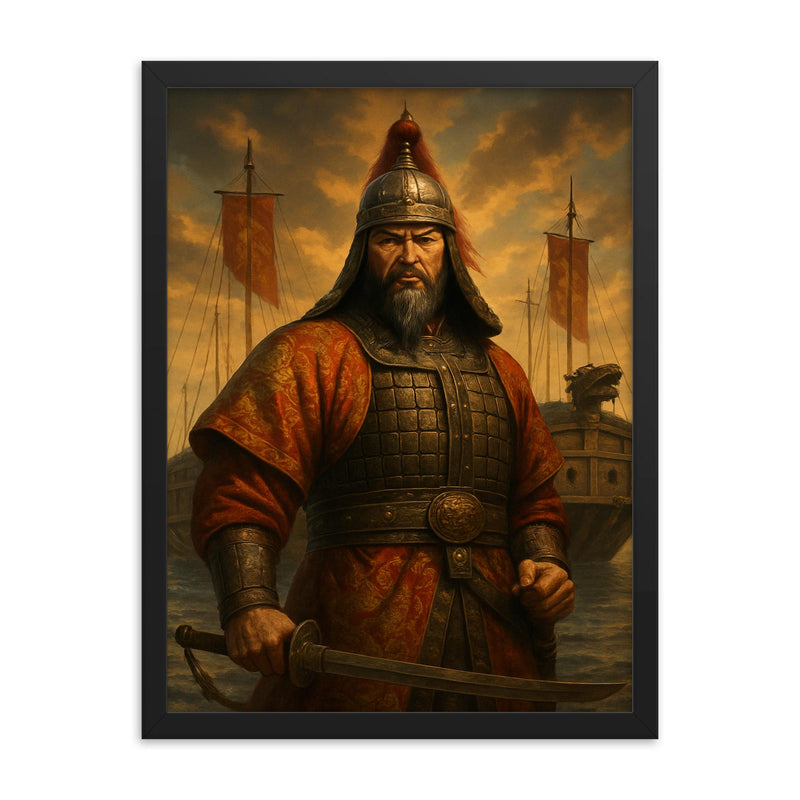 Admiral Yi Sun sin before turtle ships framed print on a plain backdrop in size 18