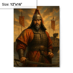 Admiral Yi Sun sin before turtle ships metal print on a plain backdrop in size 12"x16".