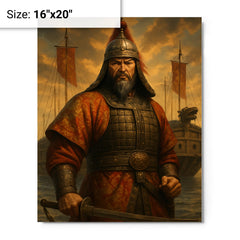 Admiral Yi Sun sin before turtle ships metal print on a plain backdrop in size 16"x20".
