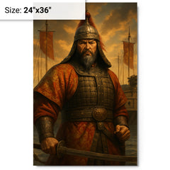 Admiral Yi Sun sin before turtle ships metal print on a plain backdrop in size 24"x36".