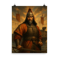 Admiral Yi Sun sin before turtle ships poster on a plain backdrop in size 8"x10".