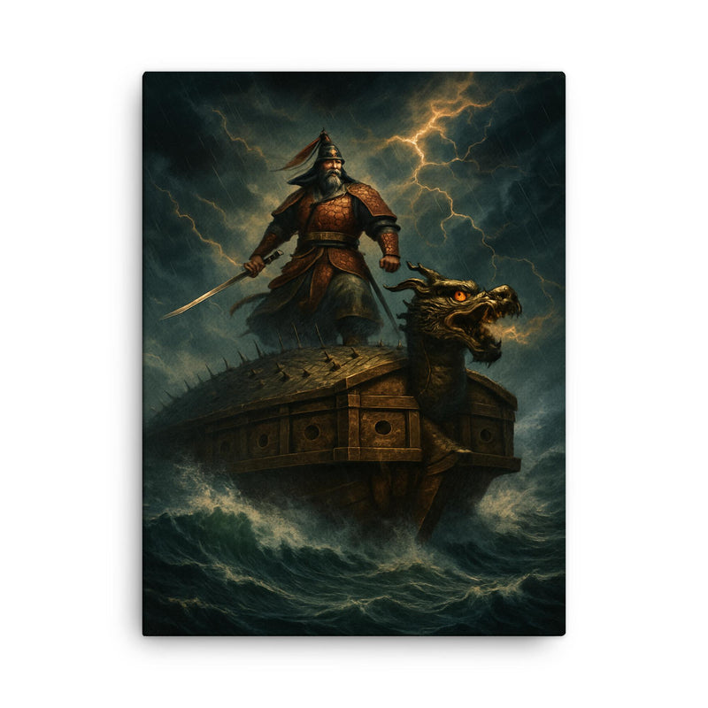 Admiral Yi Sun sin turtle ship storm canvas print on a plain backdrop in size 18