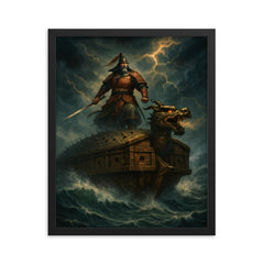 Admiral Yi Sun sin turtle ship storm framed print on a plain backdrop in size 16"x20".