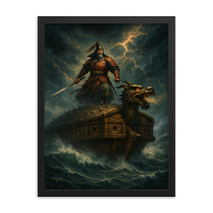 Admiral Yi Sun sin turtle ship storm framed print on a plain backdrop in size 18"x24".