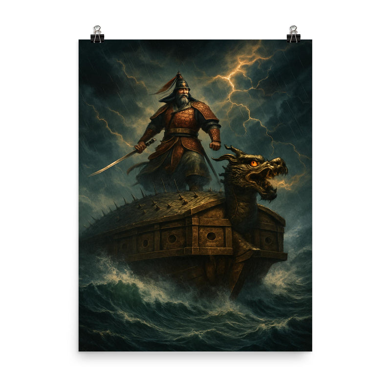 Admiral Yi Sun sin turtle ship storm poster on a plain backdrop in size 8