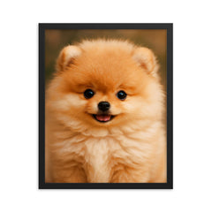 Adorable Pomeranian puppy framed print on a plain backdrop in size 16"x20".