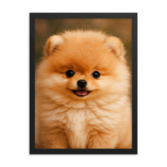 Adorable Pomeranian puppy framed print on a plain backdrop in size 18"x24".