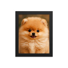 Adorable Pomeranian puppy framed print on a plain backdrop in size 8"x10".