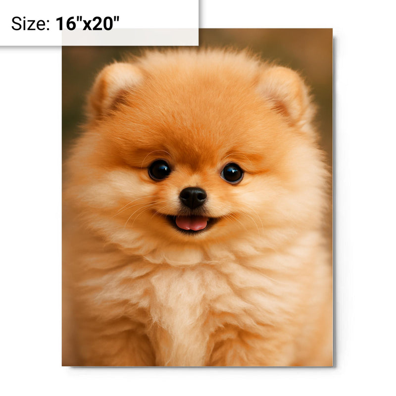 Adorable Pomeranian puppy metal print on a plain backdrop in size 16