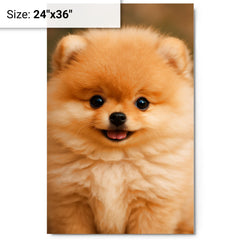 Adorable Pomeranian puppy metal print on a plain backdrop in size 24"x36".