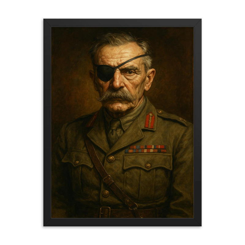 Adrian Carton de Wiart eye patch portrait framed print on a plain backdrop in size 18