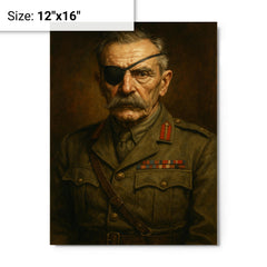Adrian Carton de Wiart eye patch portrait metal print on a plain backdrop in size 12"x16".