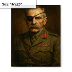 Adrian Carton de Wiart eye patch portrait metal print on a plain backdrop in size 16"x20".