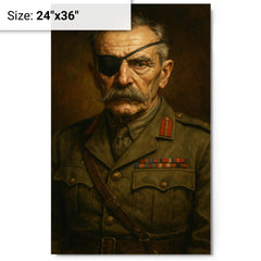 Adrian Carton de Wiart eye patch portrait metal print on a plain backdrop in size 24"x36".